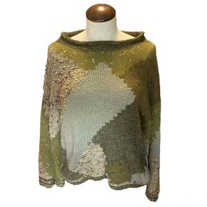 Knitting Needles multimedia sweater. Sequined & color blocked design. Sz L Green